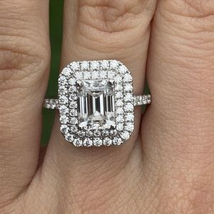 1.5 carat emerald cut moissanite diamond engagement ring double halo pavé band